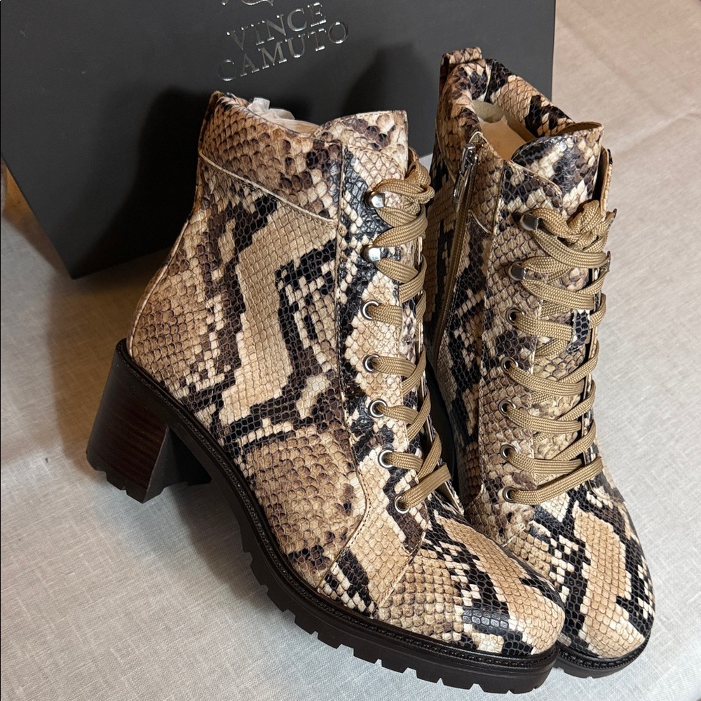 NWT VINCE Camuto Snakeskin Lace-Up Boots - BrownNWT